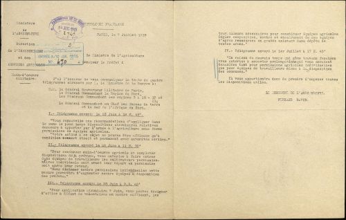 Direction des affaires dpartementales. Guerre 1914-1918, agriculture ; travaux de moisson (1915-1916). Archives de Paris, TRIBRIAND 188