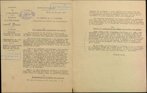 Direction des affaires départementales. Guerre 1914-1918, agriculture ; travaux de moisson (1915-1916). Archives de Paris, TRIBRIAND 188