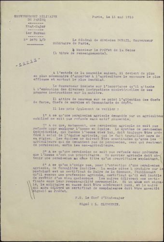 Direction des affaires dpartementales. Guerre 1914-1918, agriculture ; travaux de moisson (1915-1916). Archives de Paris, TRIBRIAND 188.