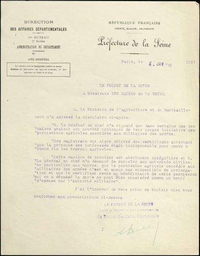 Direction des affaires départementales. Guerre 1914-1918, agriculture ; travaux de moisson (1915-1916). Archives de Paris, TRIBRIAND 188.