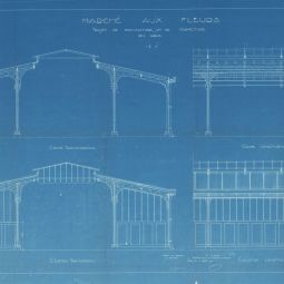 Construction et entretien des bâtiments publics : projets de couverture des abris du marché aux fleurs, 1927. Archives de Paris, VM25 11.