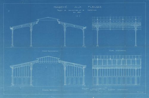 Construction et entretien des bâtiments publics : projets de couverture des abris du marché aux fleurs, 1927. Archives de Paris, VM25 11.