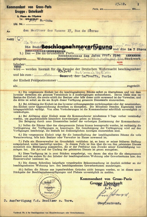 Ordre de rquisition d'un appartement occup par "un professeur juif" : Marc Bloch. Archives de Paris, PEROTIN/6096/70/1/294 1
