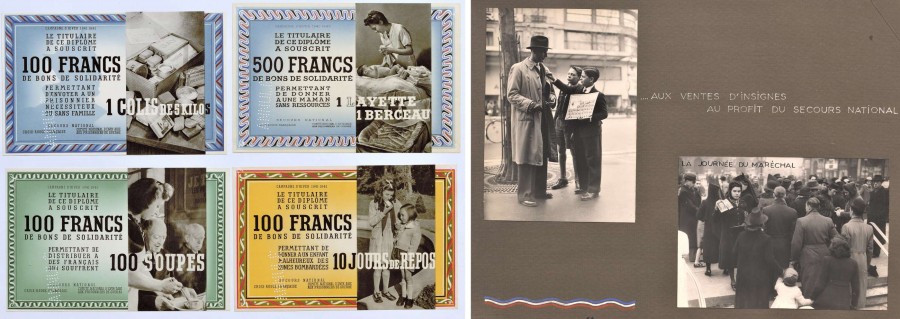 Exemplaires de diplmes du Secours national remis aux donateurs. Photographies de l'album " enfance et jeunesse " du Secours national. Archives de Paris, 24W 6 ( gauche) et 24W 13 ( droite). 