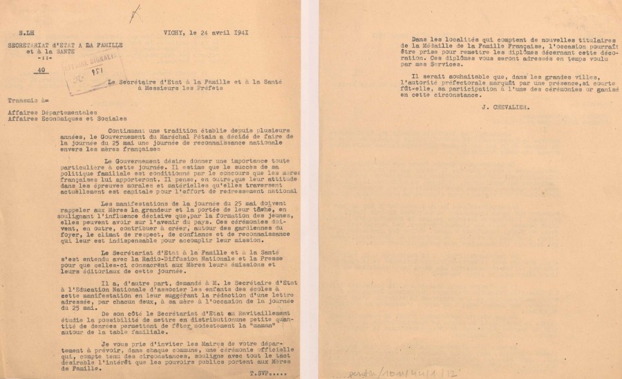 Lettre du secrtaire d'tat  la Famille et  la Sant  Messieurs les Prfets au sujet de la fte des mres. Archives de Paris, PEROTIN/1011/44/1/12 1. 