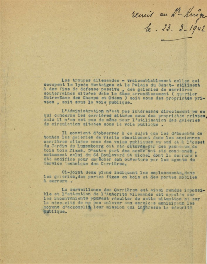 Rapport sur l'utilisation du rseau de carrires sous le palais du Snat et du lyce Montaigne pour la Dfense passive des autorits d'occupation. Archives de Paris, PEROTIN/1011/44/1/17 1. 
