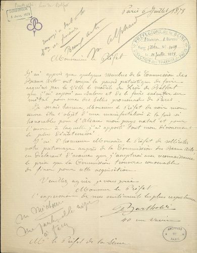 Dossier dacquisition duvres  Frdric Auguste Bartholdi par la Ville de Paris : lettre de Bartholdi du 6 juillet 1878. Archives de Paris, PEROTIN/10624/72/1 2.