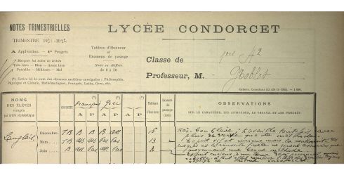  Lyce Condorcet : registre des notes trimestrielles de 1re A2, 1931-1932. Archives de Paris, D4T3 274.