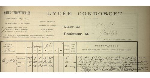  Lyce Condorcet : registre des notes trimestrielles de 1re A2, 1931-1932. Archives de Paris, D4T3 274.