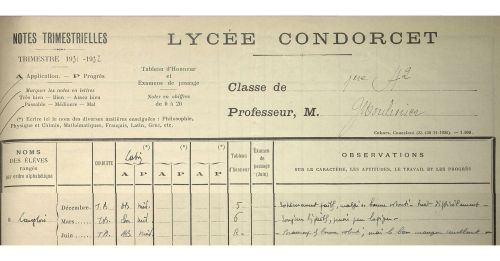  Lyce Condorcet : registre des notes trimestrielles de 1re A2, 1931-1932. Archives de Paris, D4T3 274.