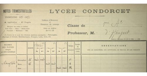  Lyce Condorcet : registre des notes trimestrielles de 1re A2, 1931-1932. Archives de Paris, D4T3 274.