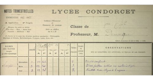  Lyce Condorcet : registre des notes trimestrielles de 1re A2, 1931-1932. Archives de Paris, D4T3 274.