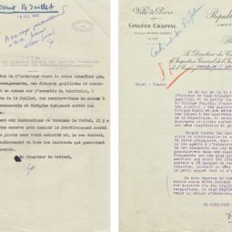 Note de la préfecture pour la surveillance en prévention de troubles autour du 14 juillet 1942. Lettre du directeur du collège Chaptal à la préfecture. Archives de Paris, PEROTIN/1011/44/1/23 1. 