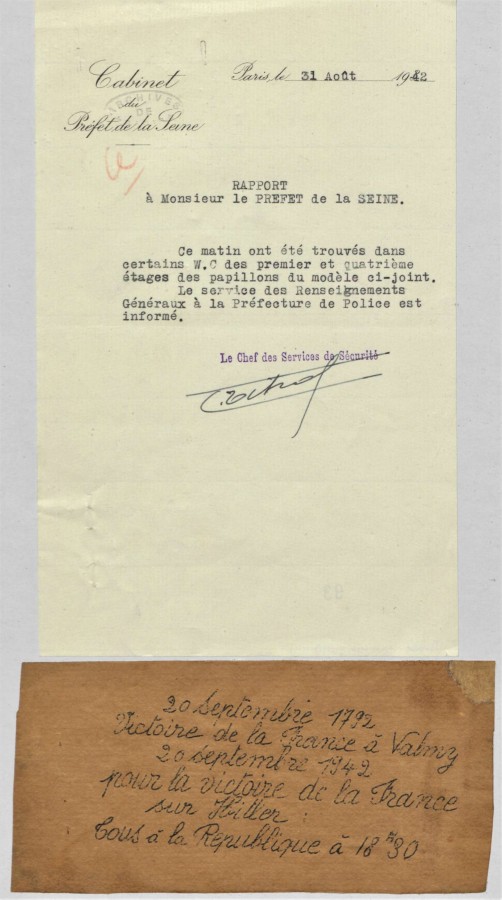 Papillons appelant  la un rassemblement le 20 septembre 1942 trouvs dans le btiment de la prfecture de la Seine. Archives de Paris, PEROTIN/1011/44/1/23 1. 