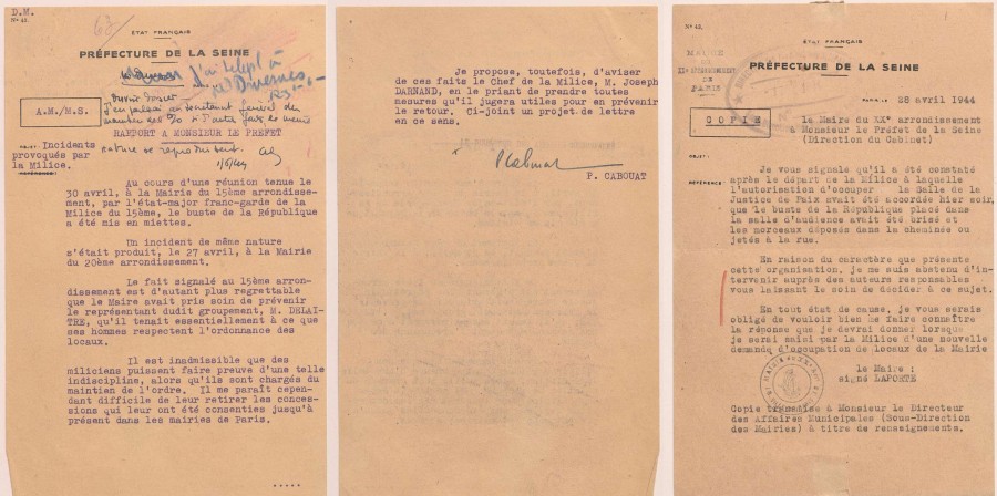 Note des maires des 15e et 20e arrondissements à la préfecture de la Seine : des miliciens brisent le buste de Marianne. Archives de Paris, PEROTIN/1011/44/1/23 1. 