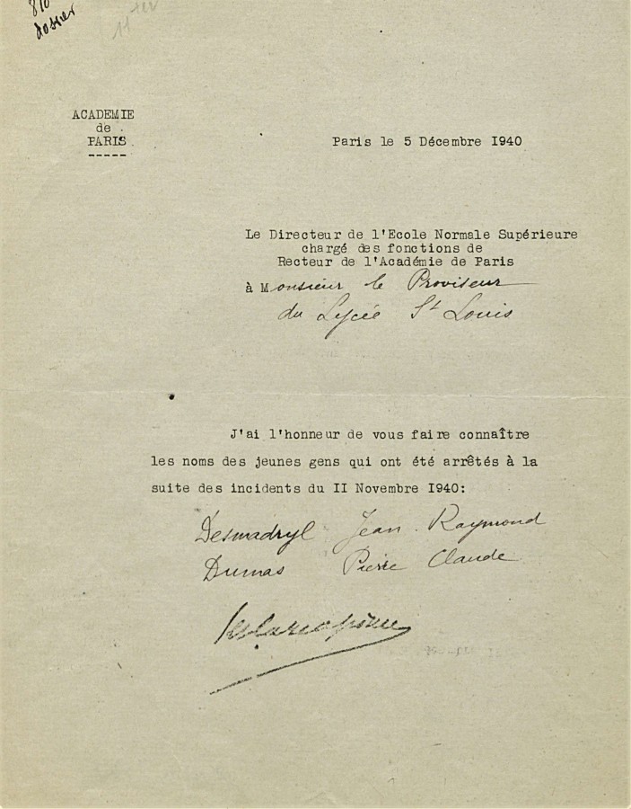 Lettre du recteur de l'Acadmie de Paris au proviseur du lyce Saint-Louis sur " les incidents " du 11 novembre 1940. Archives de Paris, 1051W 277. 