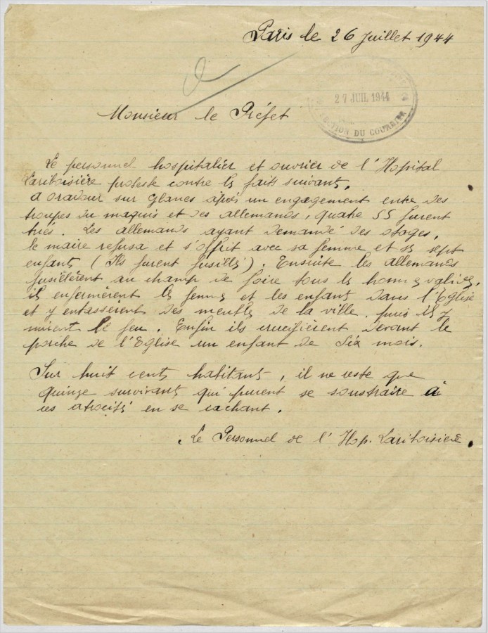 Lettre du personnel de l'hôpital de Lariboisière au préfet pour protester contre le massacre d'Oradour-sur-Glane. Archives de Paris, PEROTIN/1011/44/1 23. 
