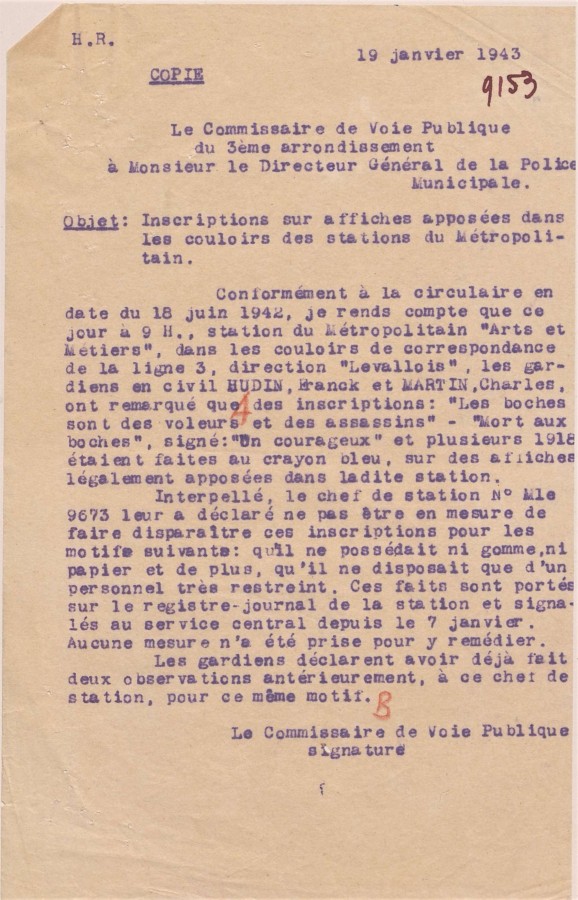 Signalement de graffitis "Mort aux boches"  la station Arts et mtiers. Archives de Paris, PEROTIN/10331/56/1 33. 