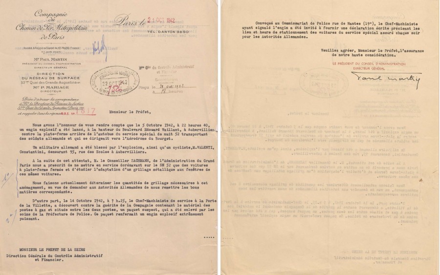 Engin explosif lanc sur la plateforme arrire d'un autobus. Archives de Paris, PEROTIN/10331/56/1 33. 