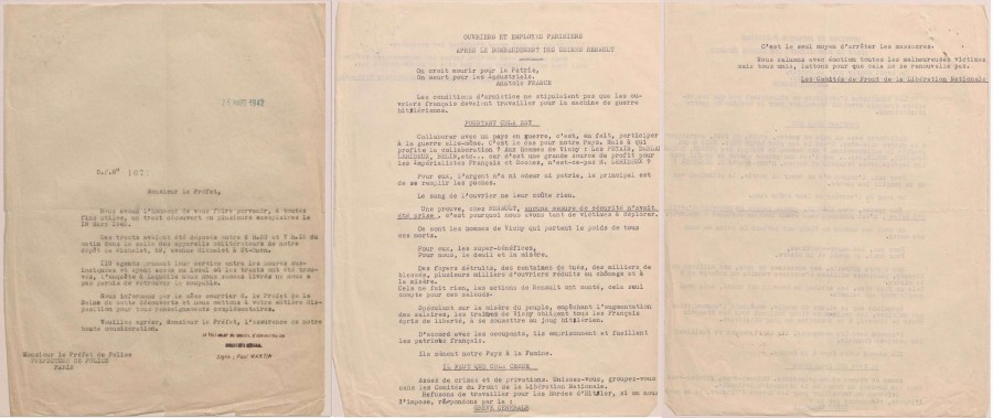 Tracts trouvés après le bombardement des usines Renault de mars 1942 au dépôt de bus de Saint-Ouen. Archives de Paris, PEROTIN/1011/44/1 23. 