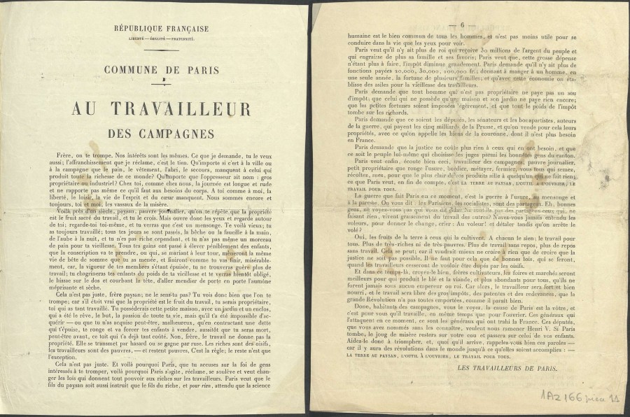 Déclaration de la Commune au travailleur des campagnes, avril 1871. Archives de Paris, 1AZ 18.