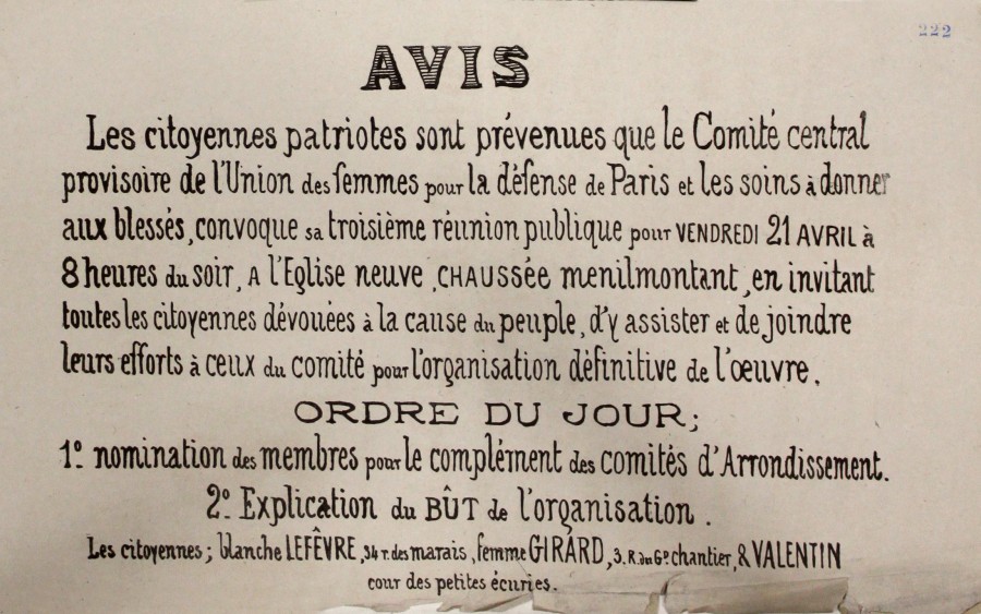 Convocation de la troisime runion publique du Comit central provisoire de l&#8217;Union des femmes pour la dfense de Paris et les soins  donner aux blesss, 21 avril 1871. Archives de Paris, ATLAS 529.