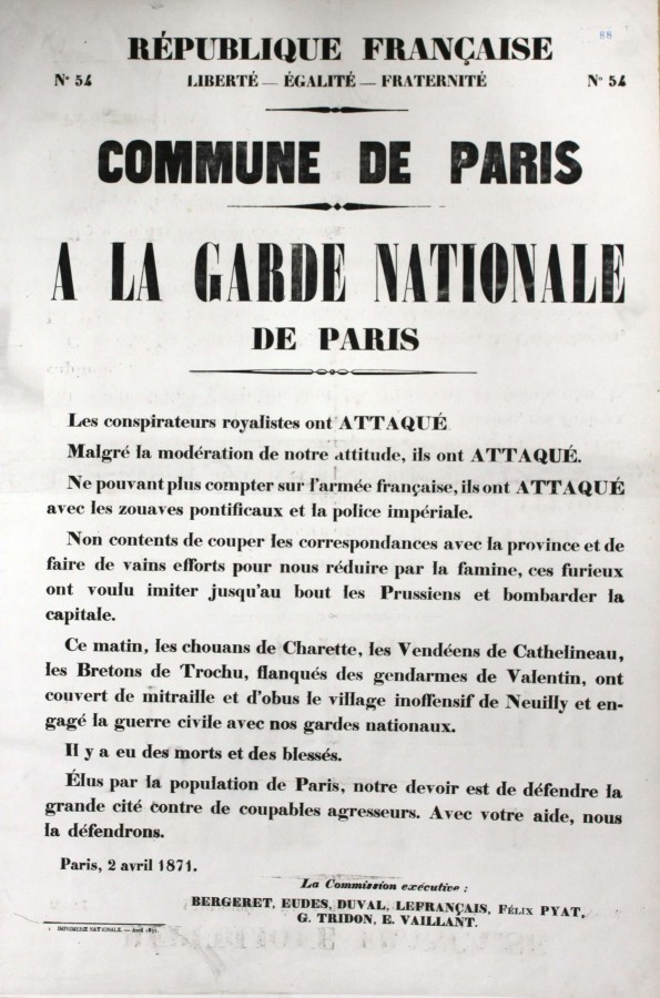 Dclaration de la Commune suite  l&#8217;attaque par les Versaillais de Neuilly, 2 avril 1871. Archives de Paris, ATLAS 528.