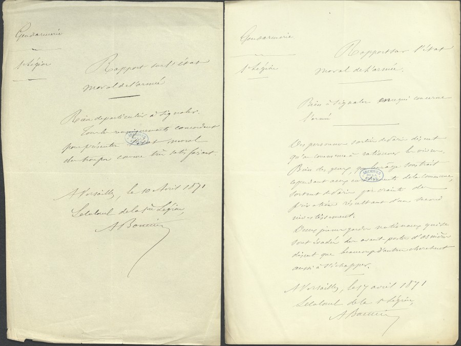 Rapports sur la situation morale des armes, 10 et 17 avril 1871. Archives de Paris, 1AZ 18.