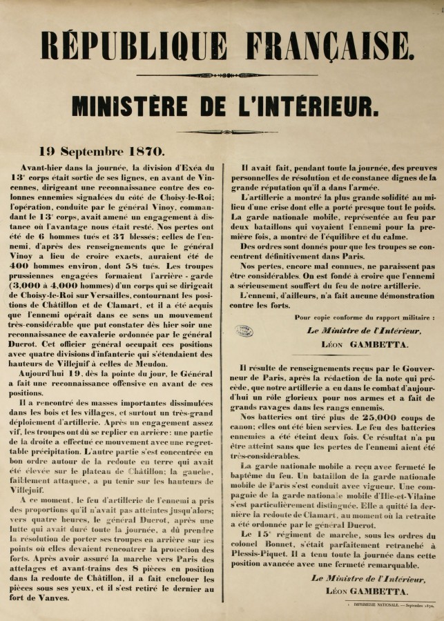Affiche annonçant l&#8217;état de siège signée Léon Gambetta, 19 septembre 1870. Archives de Paris, ATLAS 509 (affiche n°124).