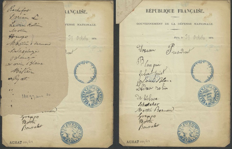 Listes des membres proposs pour former un gouvernement le 31 octobre 1870. Archives de Paris, 1AZ 10 dossier 99 pice 10 (vue 1 et vue 2).