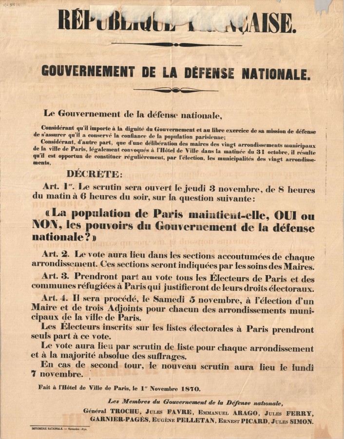 Affiche du plbiscite du 3 novembre, 1er novembre 1870. Archives de Paris, VD6 978. 