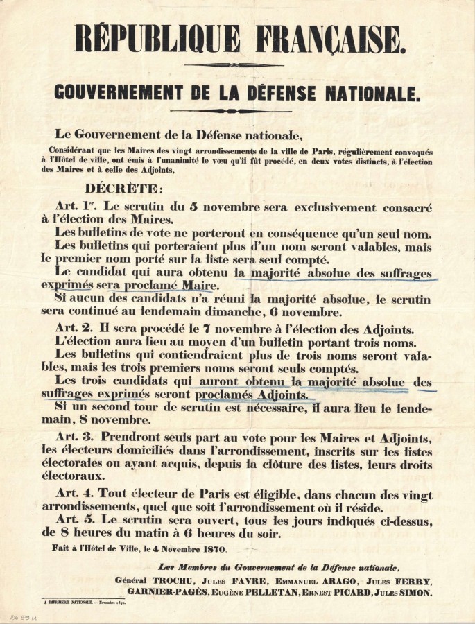Affiche pour l&#8217;lection municipale des 5 et 7 novembre, 4 novembre 1870. Archives de Paris, VD6 979.