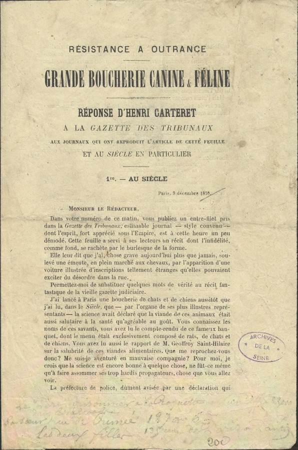  Grande boucherie canine et fline , rponse d&#8217;Henri Carteret  la Gazette des tribunaux. 9 dcembre 1870, collection Saffroy. Archives de Paris, D30Z 1.