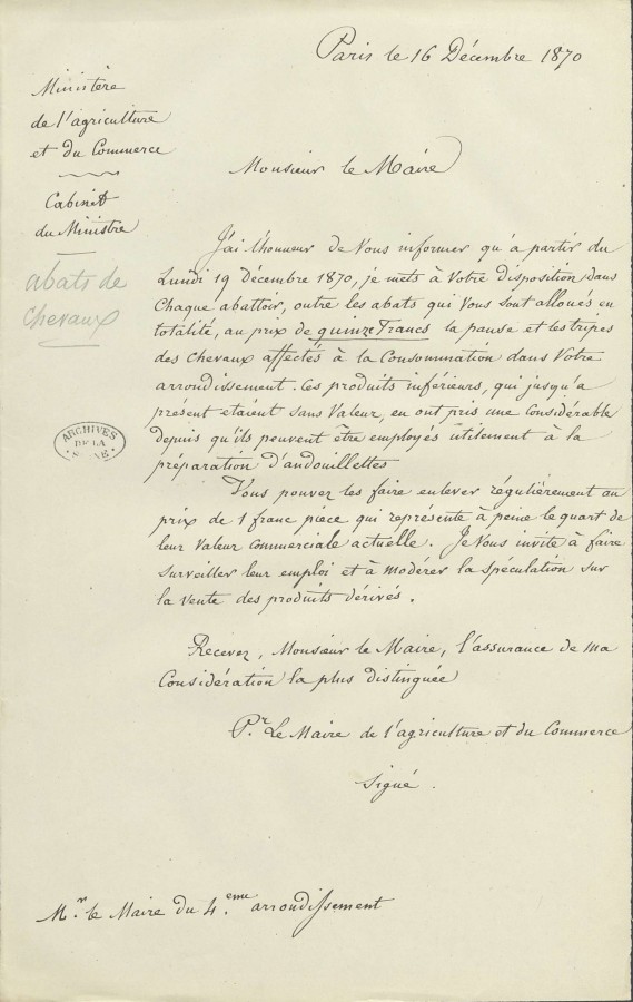 Lettre du ministre de l&#8217;Agriculture et du commerce au maire du 4e arrondissement, 16 dcembre 1870. Archives de Paris, VD6 1506.