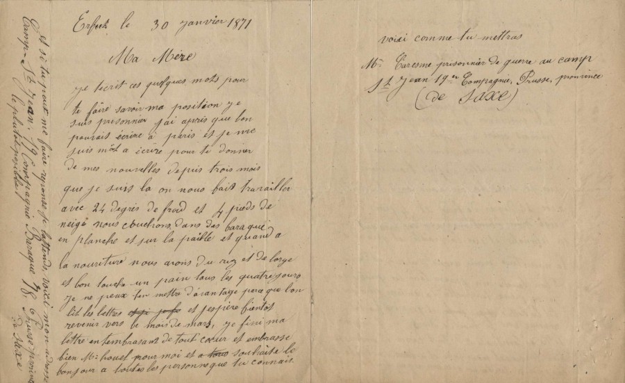 Lettre d&#8217;Augustin Caresme  sa mre, 30 janvier 1871. Archives de Paris, VD3 18.