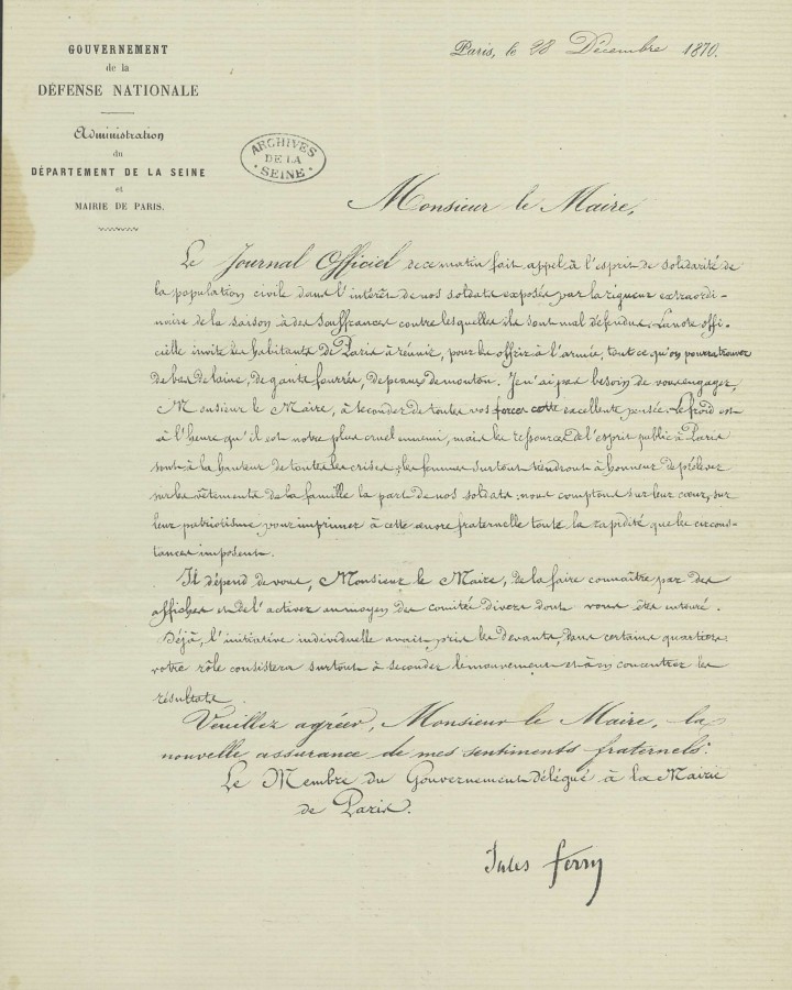 Lettre de Jules Ferry, membre dlgu du gouvernement dlgu  la mairie de Paris, au maire du 7e arrondissement, 28 dcembre 1870. Archives de Paris, VD6 1566.