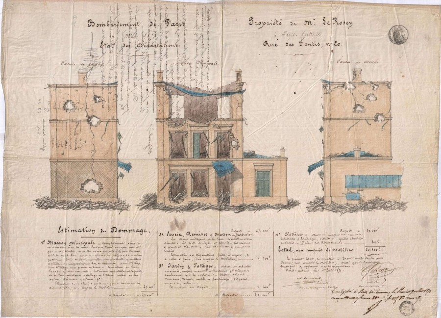 Dommages subis par la propriété de M. Le Rosey à Auteuil, dessin joint à sa demande d&#8217;indemnisation, 1er juillet 1871. Archives de Paris, PLANS 6005.