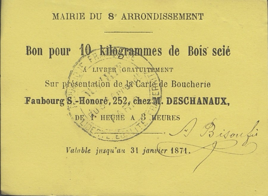 Bon pour du bois manant de la mairie du 8e arrondissement, 1871. Archives de Paris, VD6 1591. 