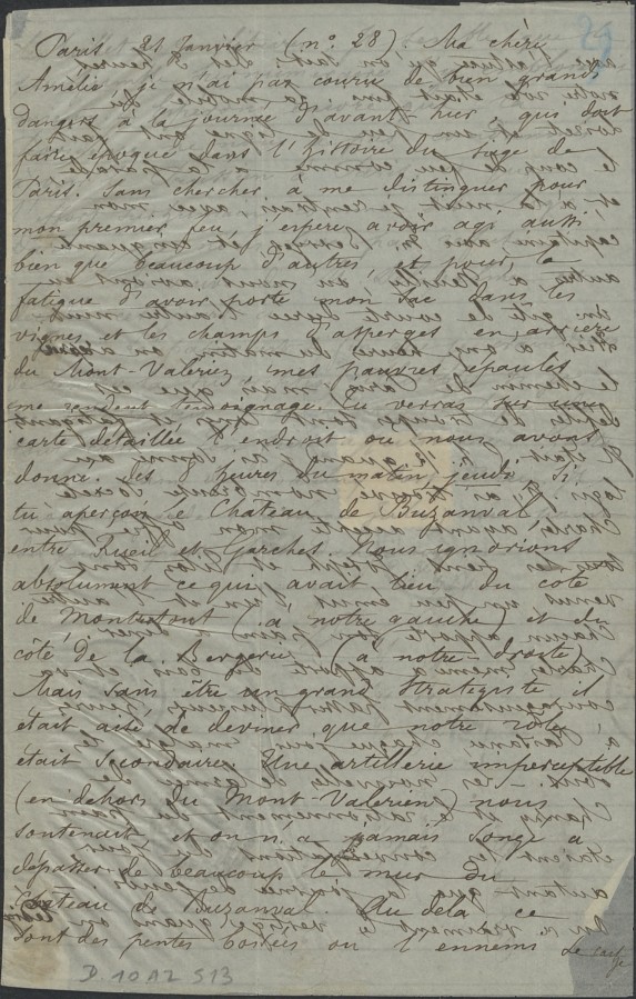Lettre par ballon mont donnant les dtails de la bataille de Buzenval lors du sige de Paris, 21 janvier 1871. Archives de Paris, 10AZ 513.