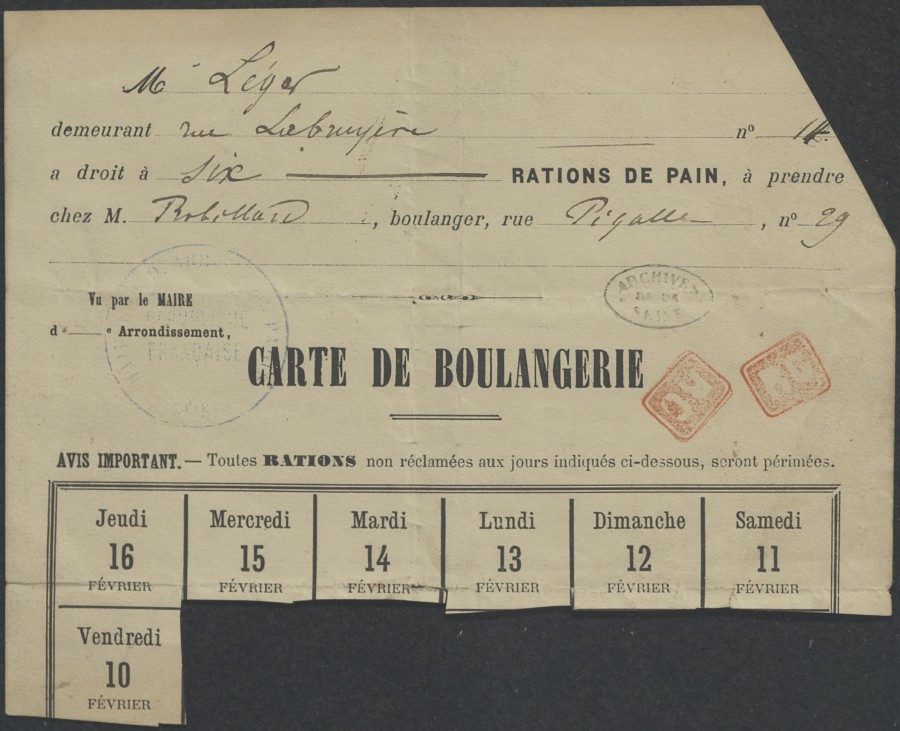 Carte de boulangerie, fvrier 1871, Archives de Paris, 6AZ 2 dossier 102. 