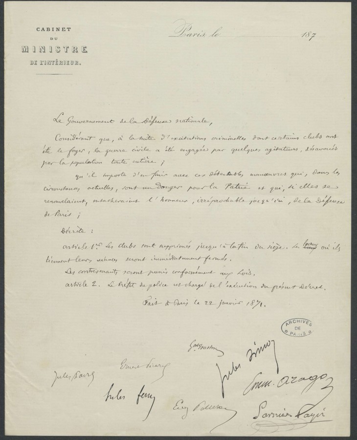 Cabinet du ministre de l&#8217;Intrieur, avant-projet de dcret pour la suppression des clubs politiques, 22 janvier 1871. Archives de Paris, D1J 1 dossier 20.