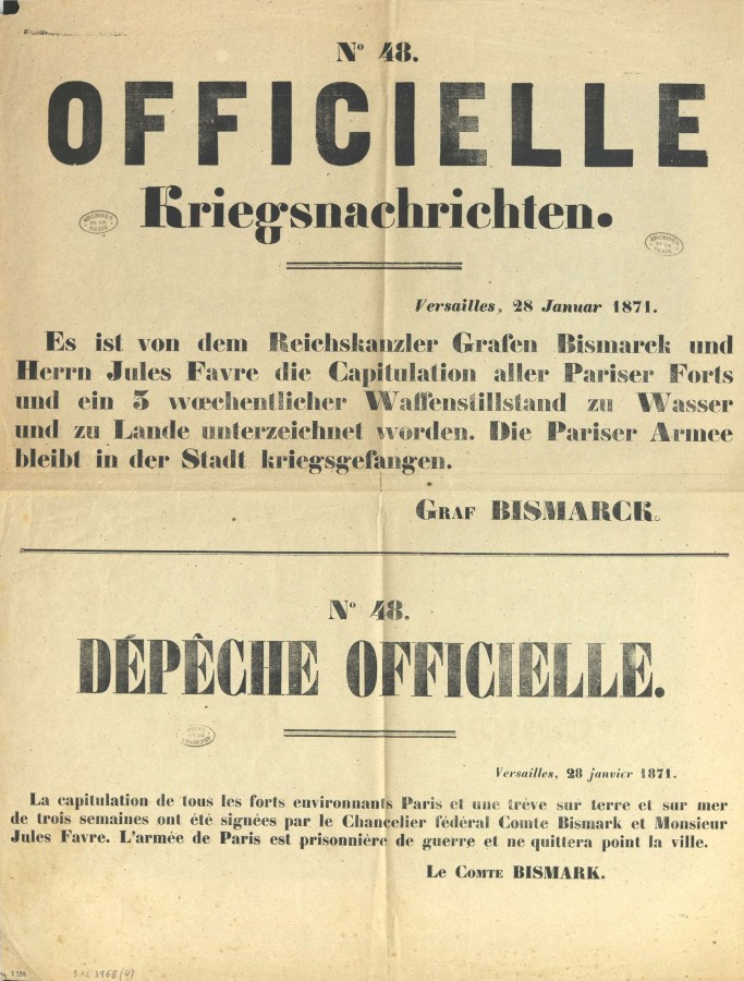 Placard allemand relatif aux nouvelles de la guerre et au sige de Paris, 28 janvier 1871. Archives de Paris, 5AZ 37 dossier.