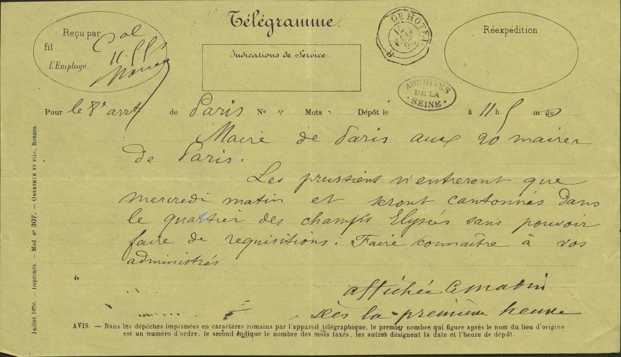 Tlgramme envoy par la mairie centrale, 26 fvrier 1871. Archives de Paris, VD6 1678. 