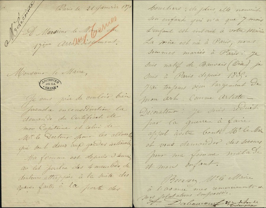 2 lettres de demande de secours adresses au maire du 17e arrondissement par des gardes nationaux, 21 et 28 janvier 1871, VD3 15. 