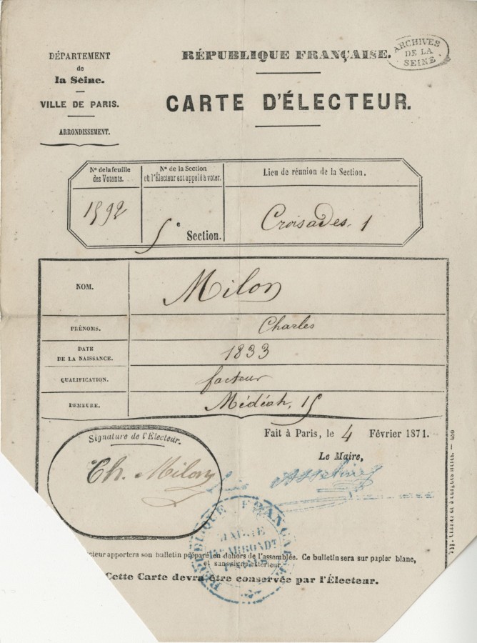 Carte d&#8217;lecteur de Charles Milon, dlivre le 4 fvrier 1871 par la mairie du 14e arrondissement. Archives de Paris, VD3 18. 