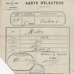 Carte d’électeur de Charles Milon, délivrée le 4 février 1871 par la mairie du 14e arrondissement. Archives de Paris, VD3 18. 