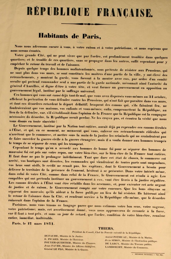 Affiche d'Adolphe Thiers s&#8217;adressant aux Parisien.ne.s en amont de la reprise des canons de la garde nationale, 17 mars 1871. Archives de Paris, ATLAS 527.