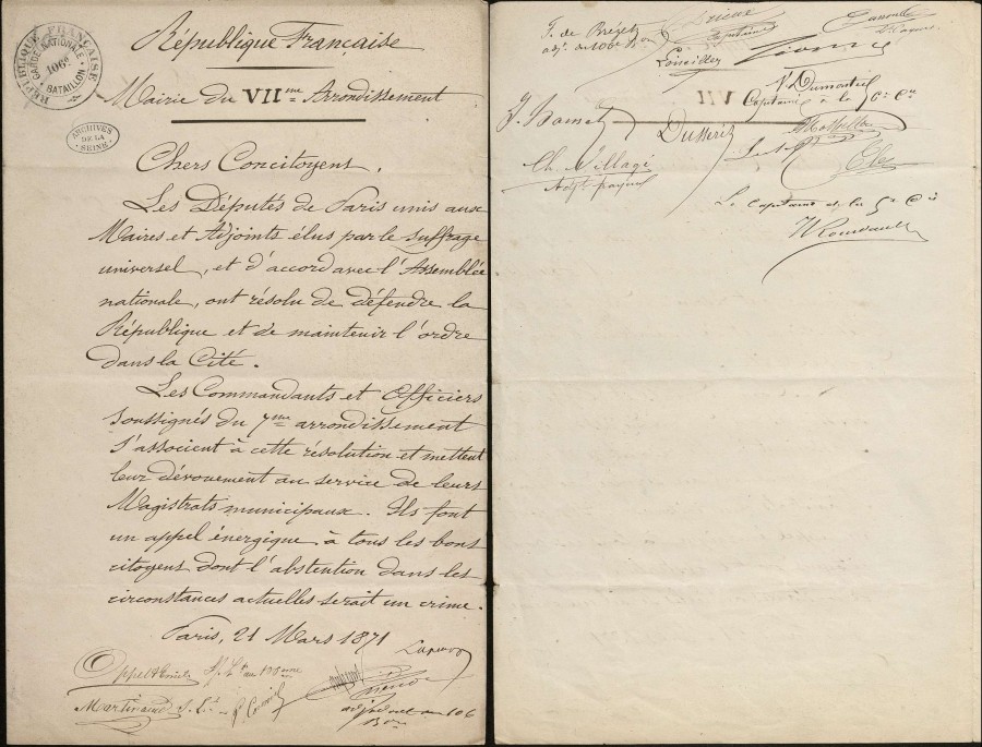 Ptitions des commandants et officiers de la garde nationale du 7e arrondissement, 21 mars 1871. Archives de Paris, VD6 1536, dossier 2. 