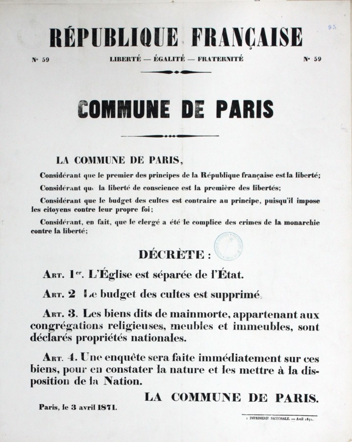 Affiche du dcret de sparation de l&#8217;glise et de l&#8217;tat, 3 avril 1871. Archives de Paris, ATLAS 528.