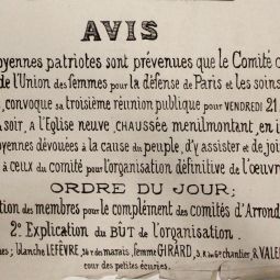 Convocation de la troisième réunion publique du Comité central provisoire de l'Union des femmes pour la défense de Paris et les soins à donner aux blessés, 21 avril 1871. Archives de Paris, ATLAS 529.